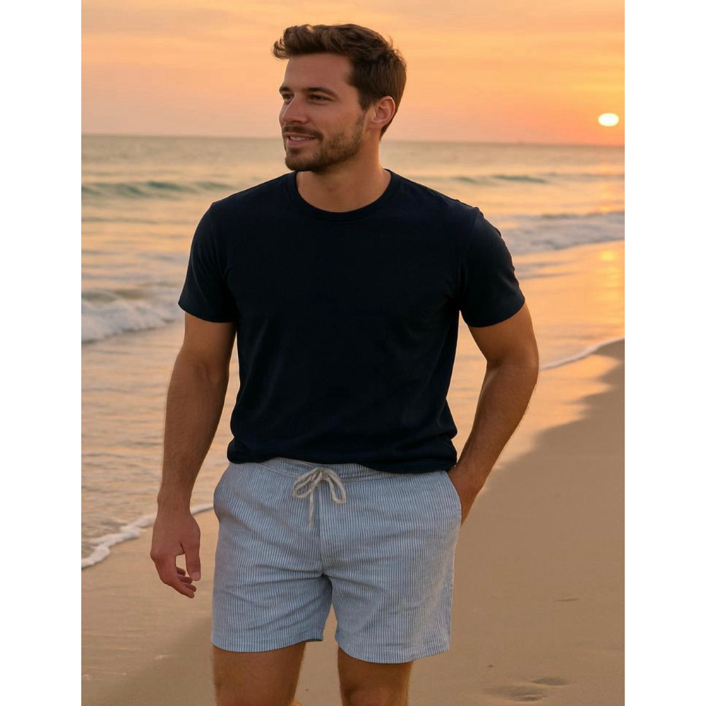 Per Se Men's‎ Striped Shorts 3X Blue White Linen Blend Drawstring Waist Coastal